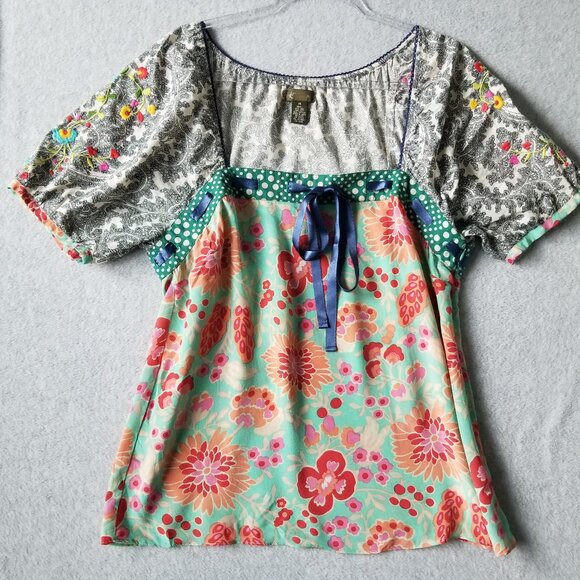 Anthropologie Tops - Anthropologie Fei Flores Silk Feminine Boho Peasant Embroidered Y2K Blouse Sz 14